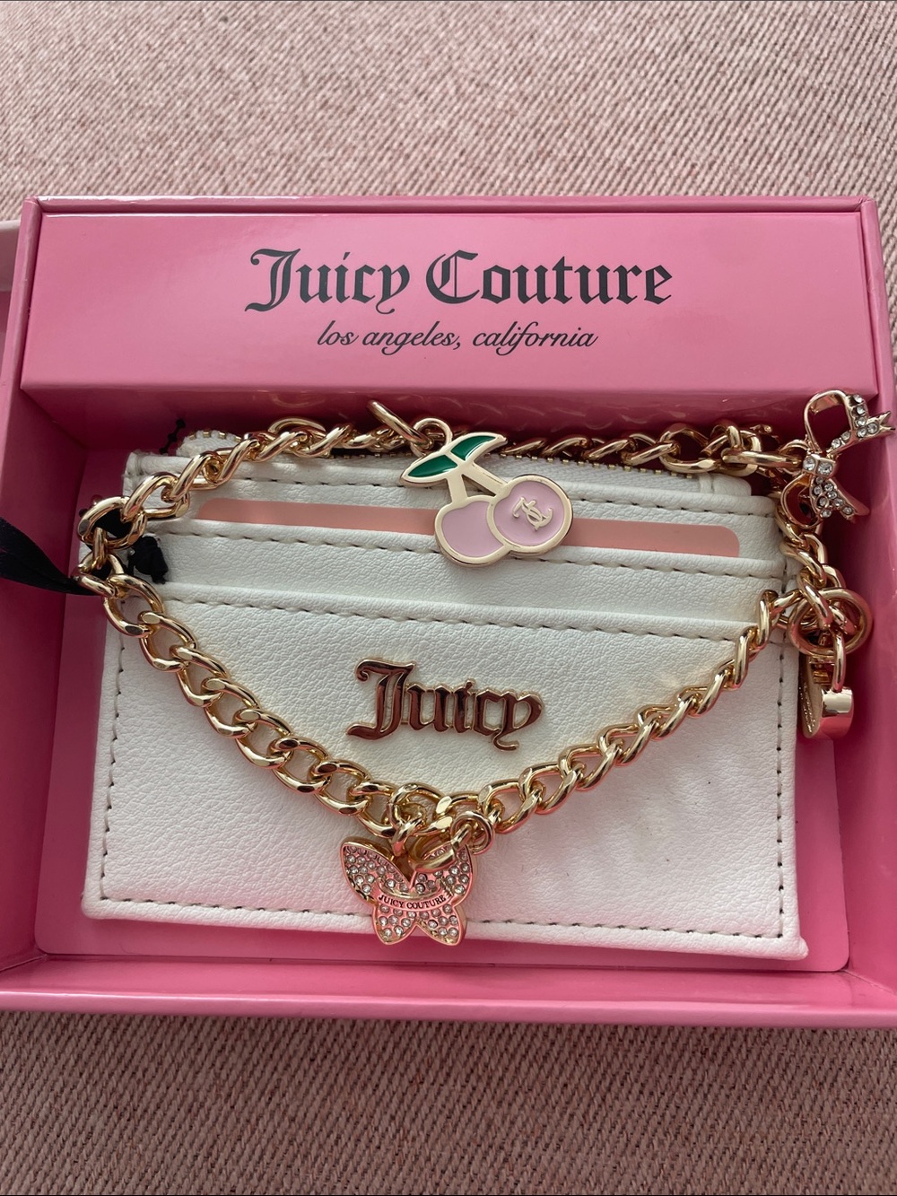 Juicy Couture White Card Holder with Gold Chain & Pink Cherry Charm